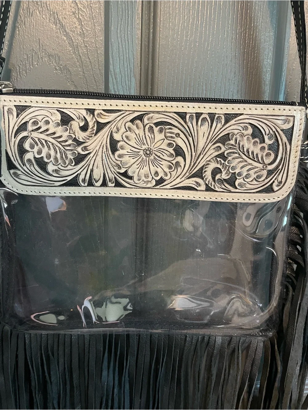 Black Fringe Clear Crossbody Bag with beige Floral Trim